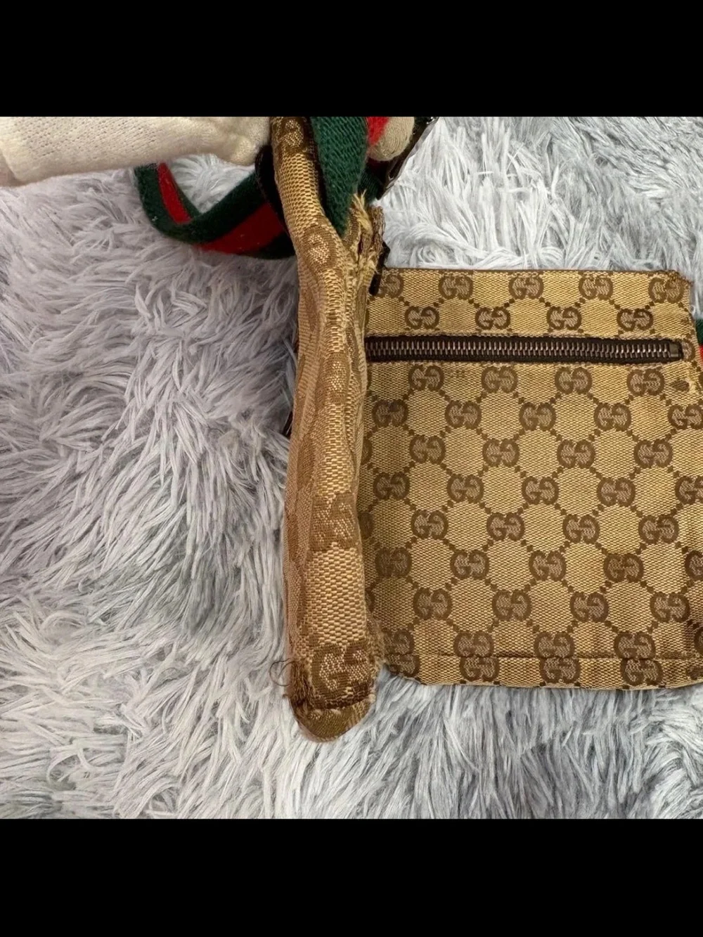 Gucci Tan GG Canvas Belt Bag with Brown Leather and Green-Red Web Strap